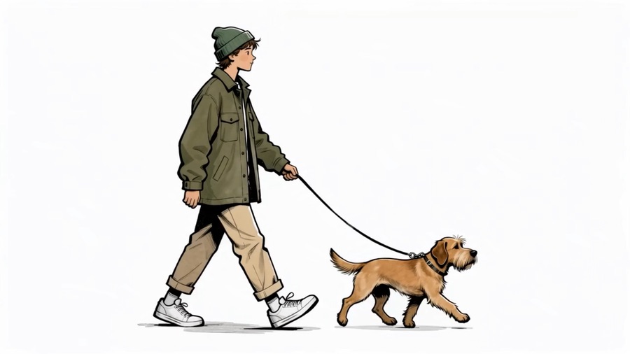 Illustration of a person walking Scout, a tan terrier, on a loose leash